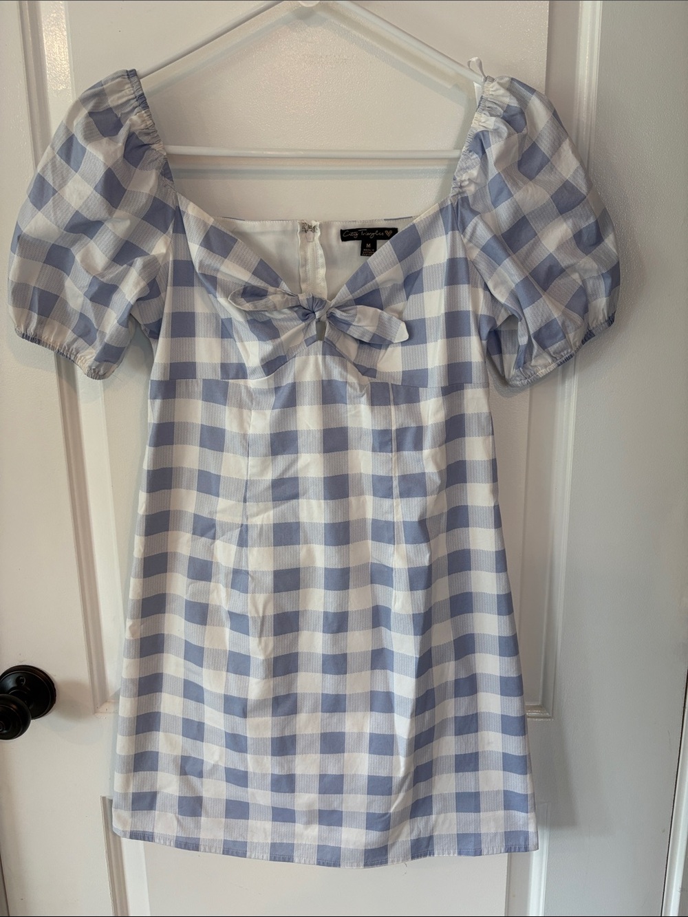 Women’s City Triangles Blue and White Gingham Puff Sleeve Mini Dress, EUC - M